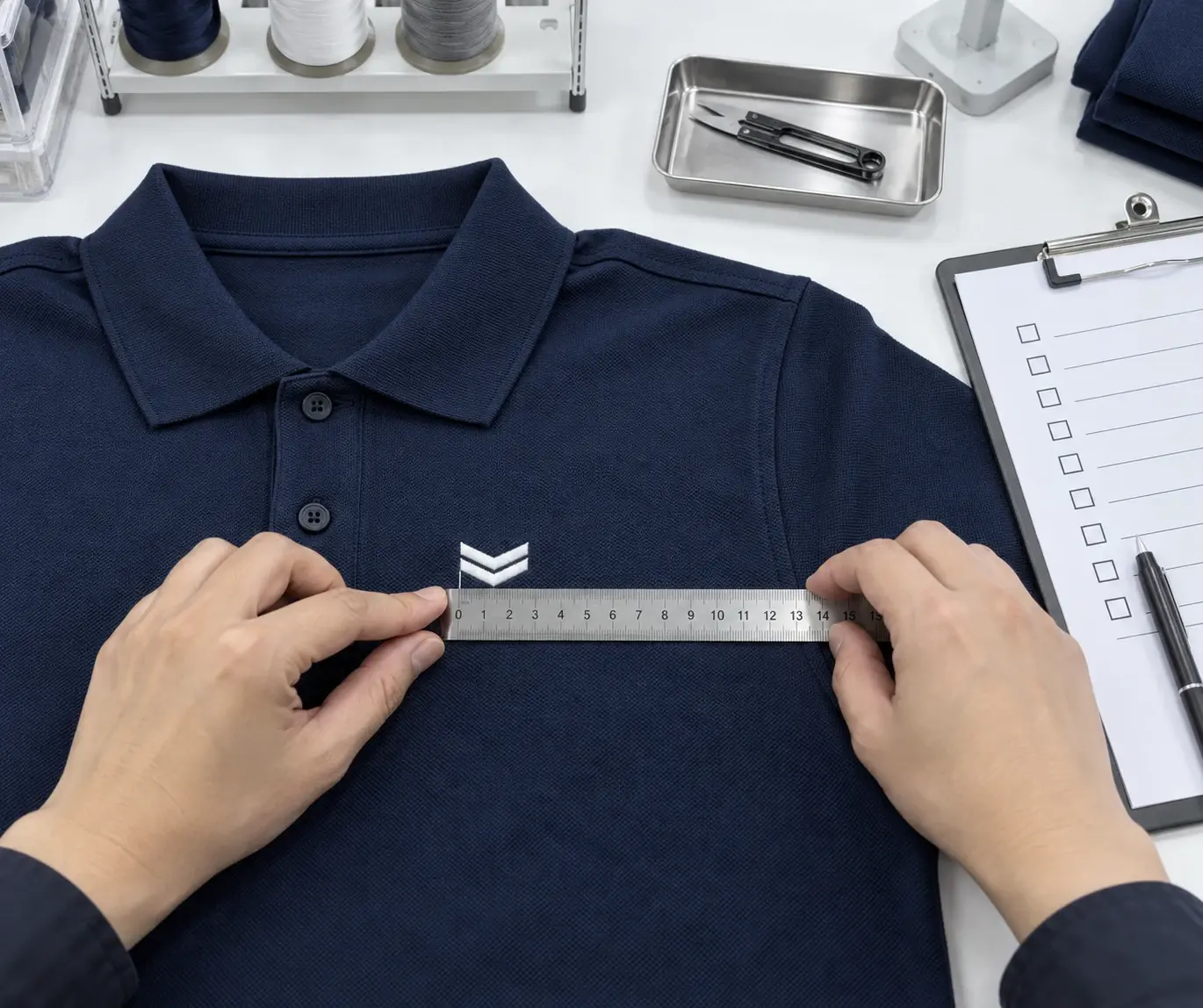 Mains mesurant au réglet un logo brodé sur un polo marine.